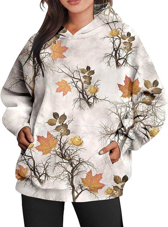 Camouflage Hoodie Maple Leaf Print Oversized Sports Hoodie With Pocket Break - Velora