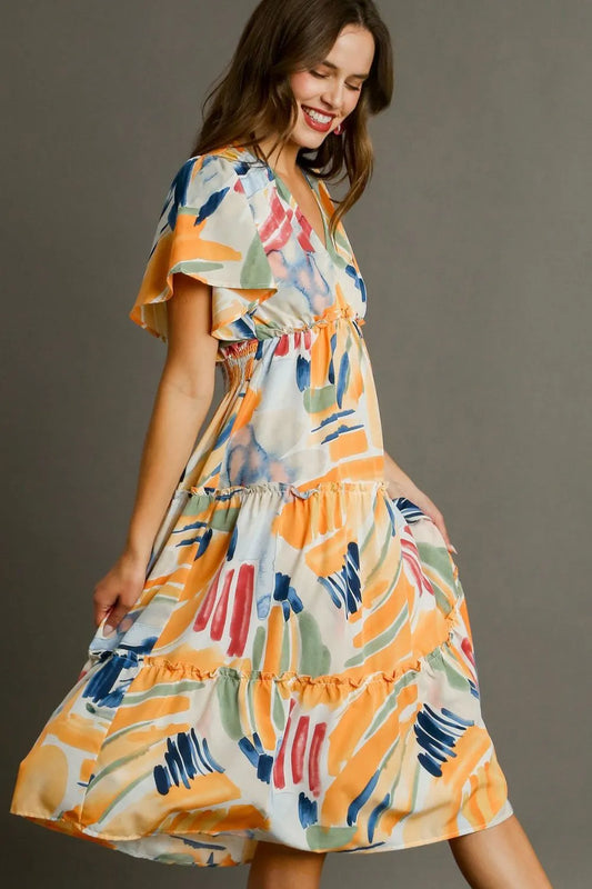 Umgee Full Size Abstract Print Flutter Sleeve Frill Tiered Midi Dress Plus Size - Velora