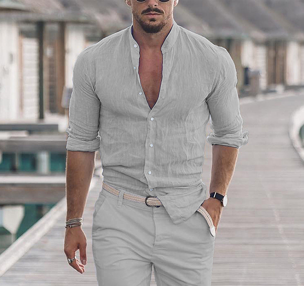 Men's Long Sleeve Shirt With Button Casual Solid Color Tops For Spring Autumn - Velora