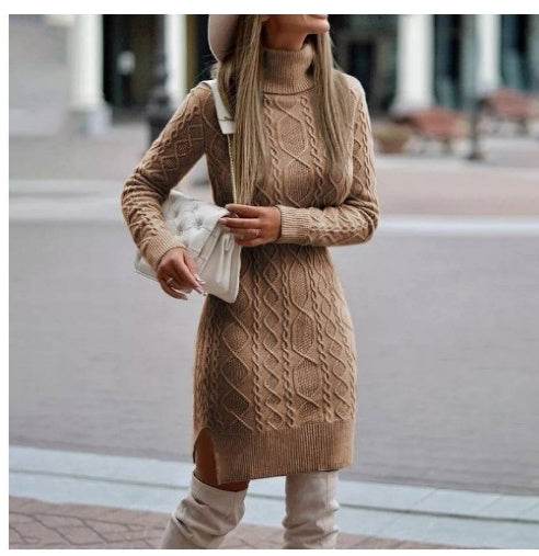 Fashion Turtleneck Knitted Dress With Slit Design Winter Warm Solid Color Pullover Long Sweater Women's Clothing - Velora