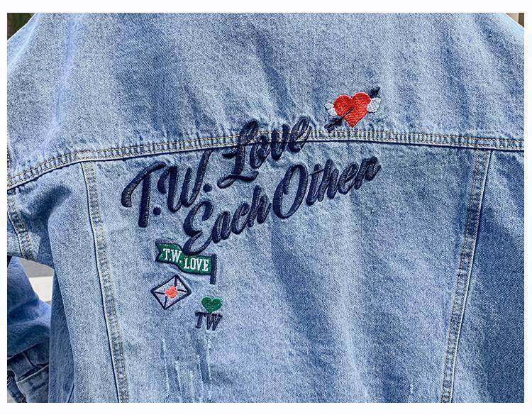 All-match Korean Style Loose Embroidered Denim Jacket Women - Velora