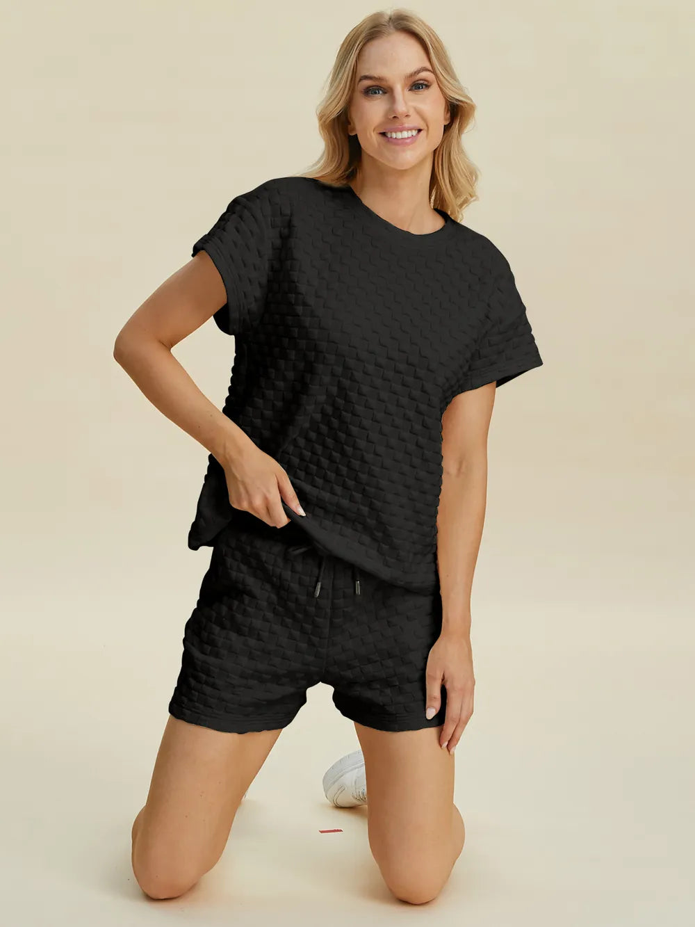 Double Take Full Size Texture T-Shirt and Shorts Set - Velora
