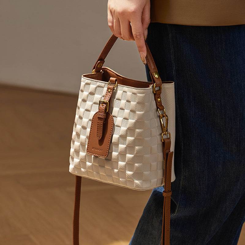 Cowhide Bucket Niche Design Shoulder Commuter Crossbody Bag - Velora