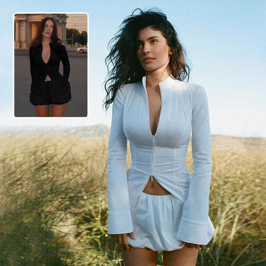 Slim Suits V-neck ZIpper Long-sleeved Top And Mini Skirt Ins Fashion Two-piece Set Women Clothing - Velora