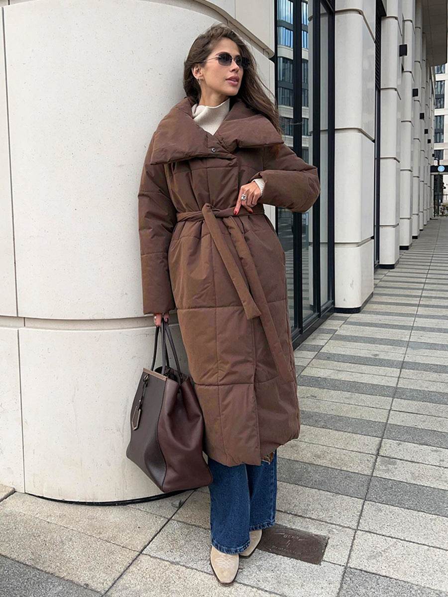 Fashion Large Lapel Long Coat Winter Warm Cotton Jacket With Pockets And Lace-up Design Casual Solid Color Thick Coat For Women Outwear Clothing - Velora