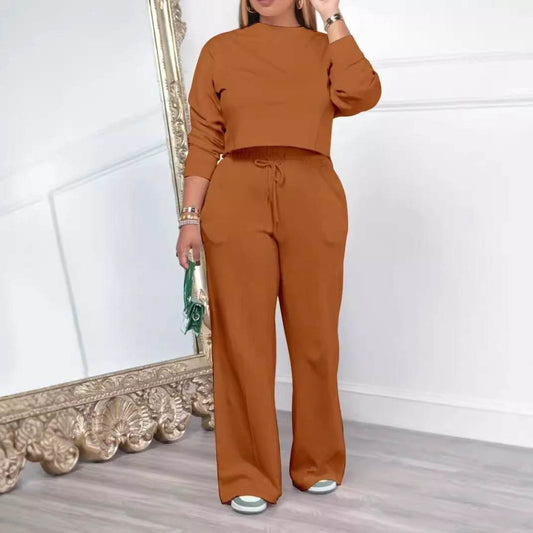 Women's Long-sleeved Round Neck Sweater Elastic Waist Pants Casual Fashion Two-piece Suit - Velora