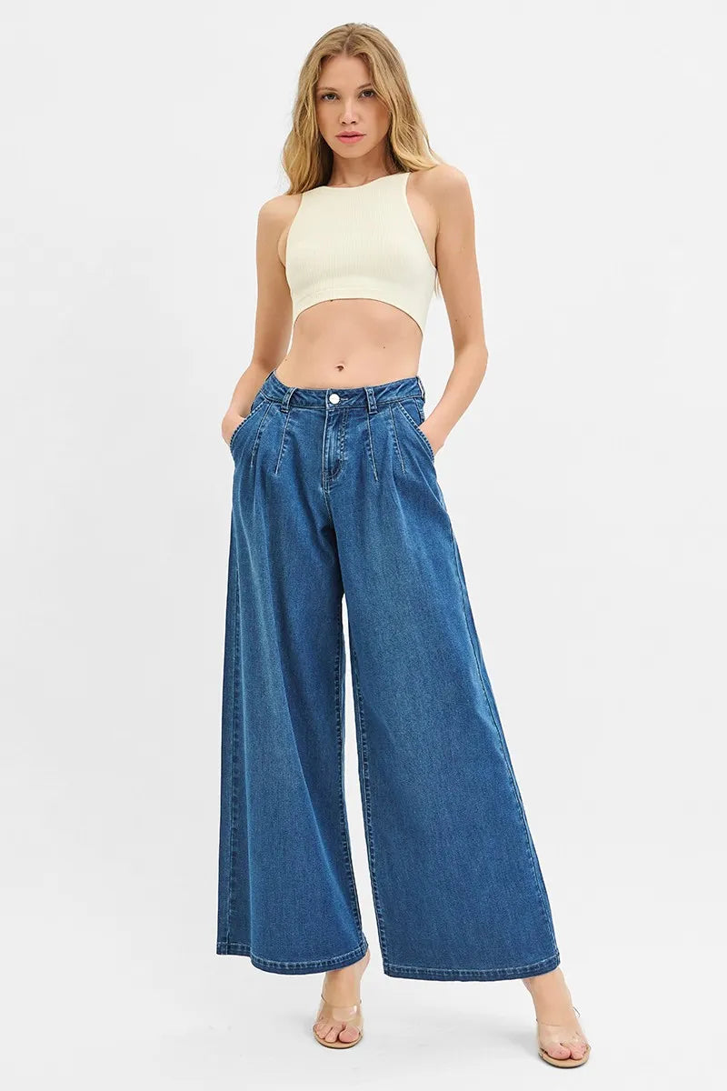 RISEN Mid Rise Fit Wide Leg Knit Denim Look Jeans - Velora
