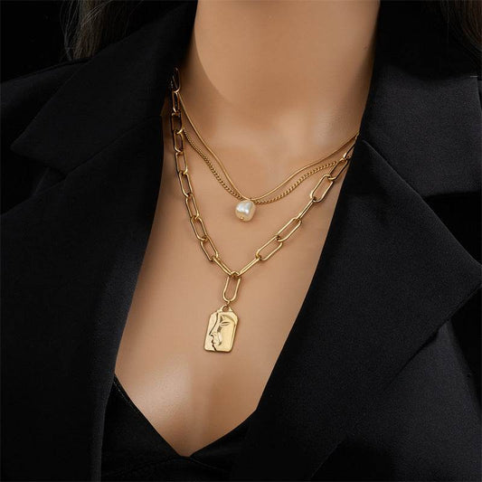 Fashion Jewelry Layered Face Portrait Chain Choker Necklace For Women Elegant Pearls Pendant Necklace Jewelry Accessories - Velora