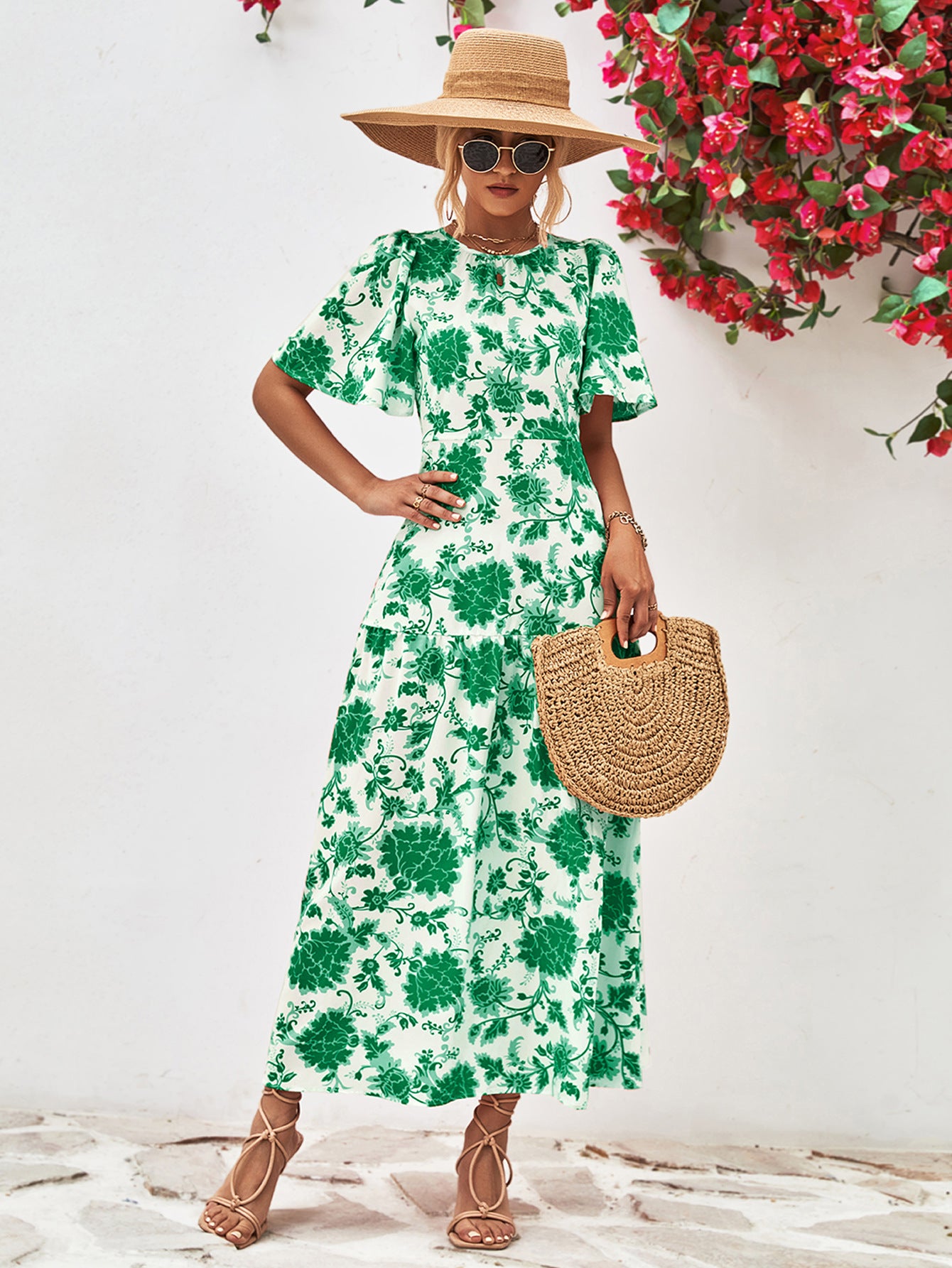 Floral Round Neck Tied Open Back Dress - Velora