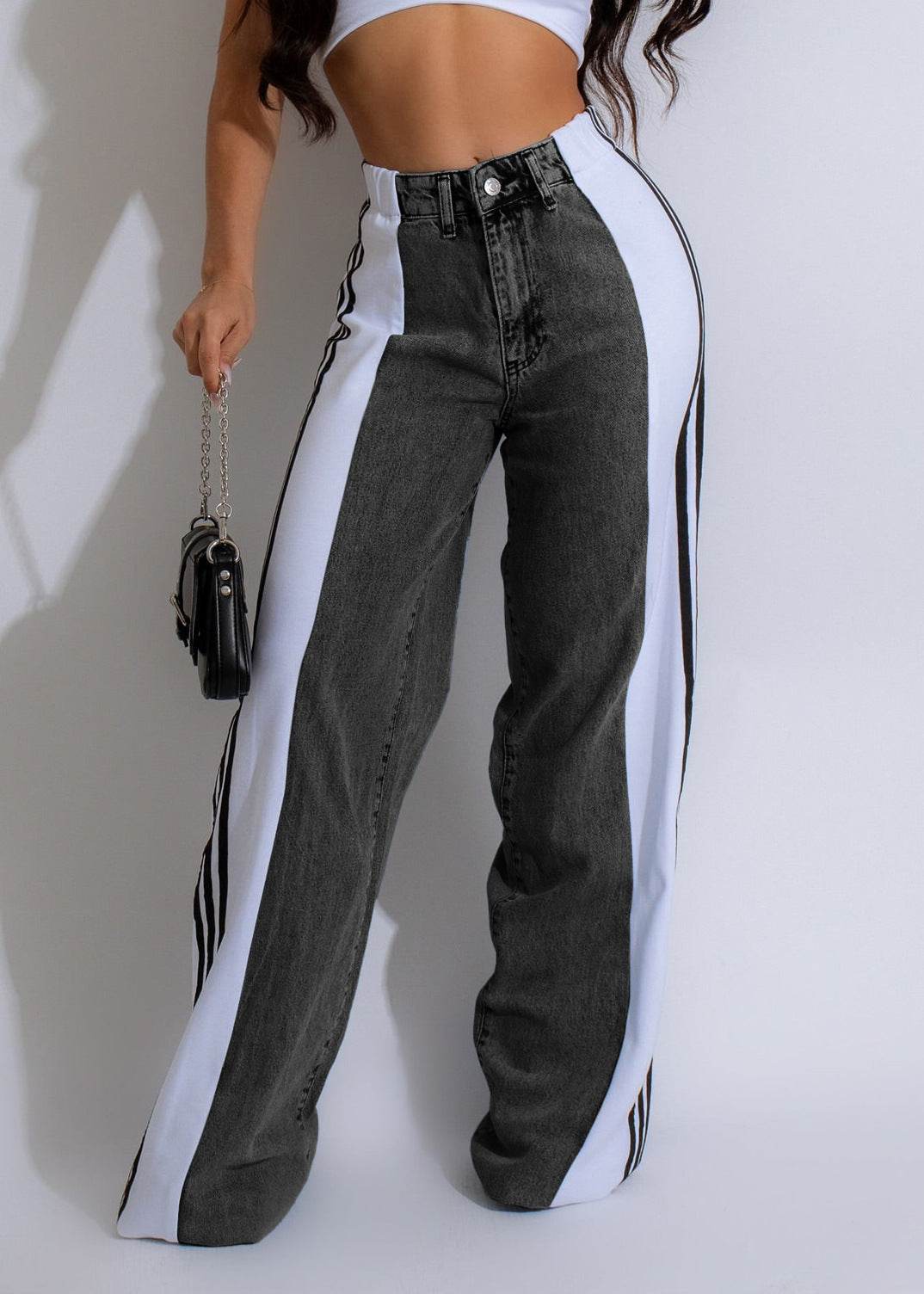 2024 Fashion Casual High Waist Elastic Straight Leg Trousers Three Stripe Patchwork Denim Wide Leg Pants Streetwear - Velora