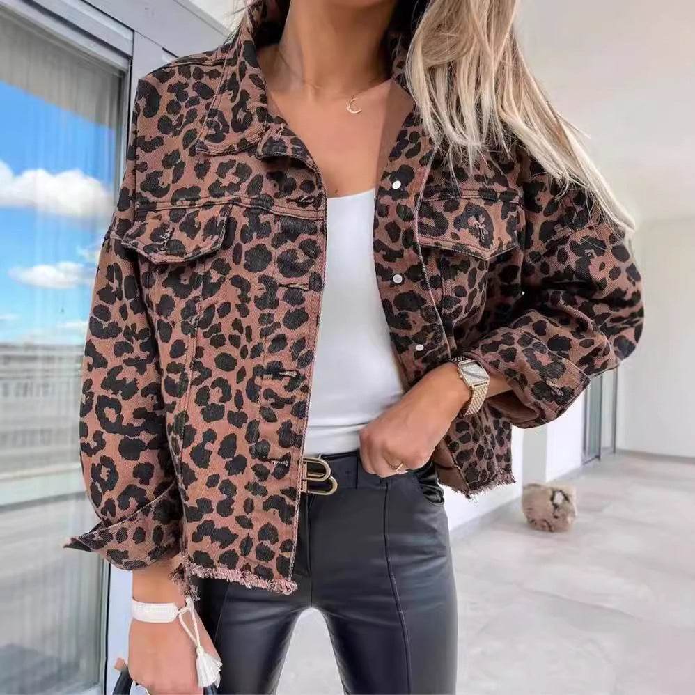 Women's Leopard Print Jacket With Pocket Y2K Fashion Lapel Single-breasted Denim Overcoat Women's Clothing - Velora