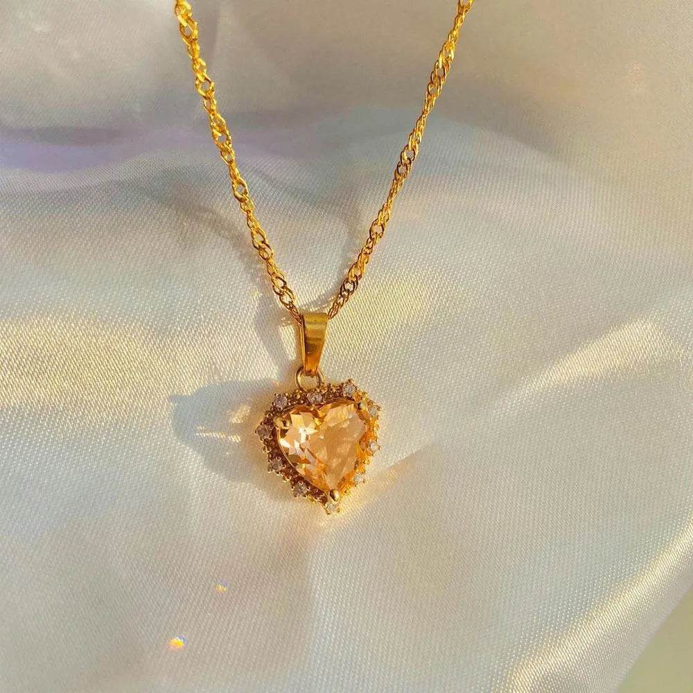 Colorful Rhinestones Heart-shped Necklace Love Gold Clavicle Chain Ins Personalized Jewelry For Women Valentine's Day - Velora