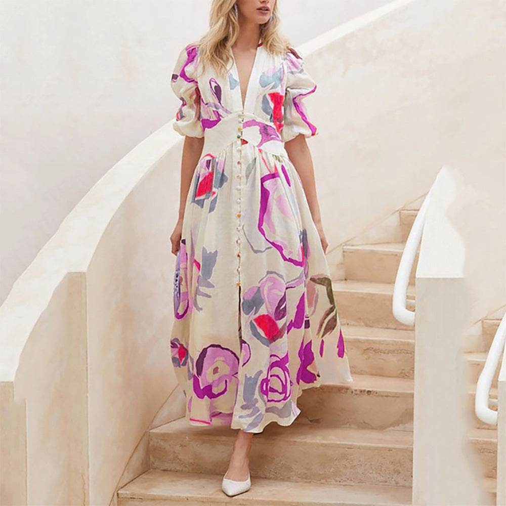 Summer Print Dresses V-neck Button Short Sleeve Midi Dress - Velora