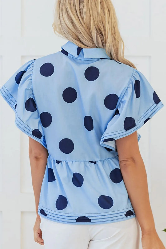 Polka Dot Print Ruffled Short Sleeve Buttoned Collared Blouse - Velora