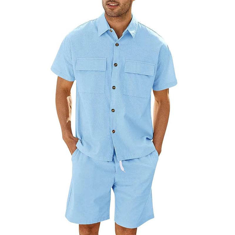 Summer Suits Men Short Sleeve Lapel Pockets Shirt And Drawstring Shorts Sports Fashion Leisure Men's Clothing - Velora