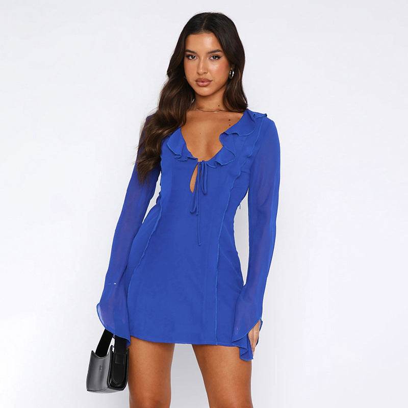 Sexy Ruffled V-neck Lace-up Long-sleeved Dress Fashion Y2K Skirt Slim Hip-covering Short Dresses For Womens Clothing - Velora