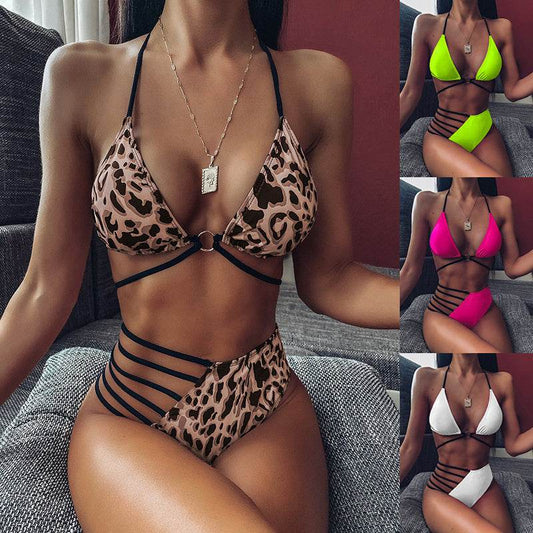 Two-piece Halter Neck Bikini Leopard Print Cutout Strap Swimsuit Set Summer Beach Womens Clothing - Velora
