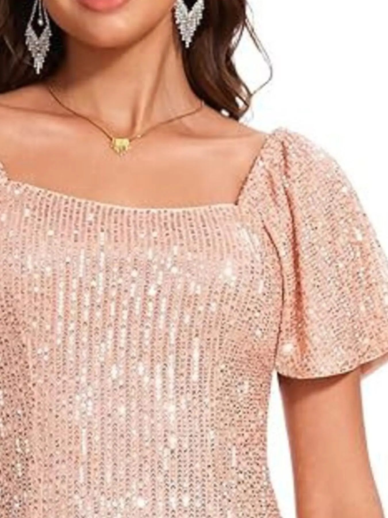 Square Neck Sequin Short Sleeve Blouse - Velora