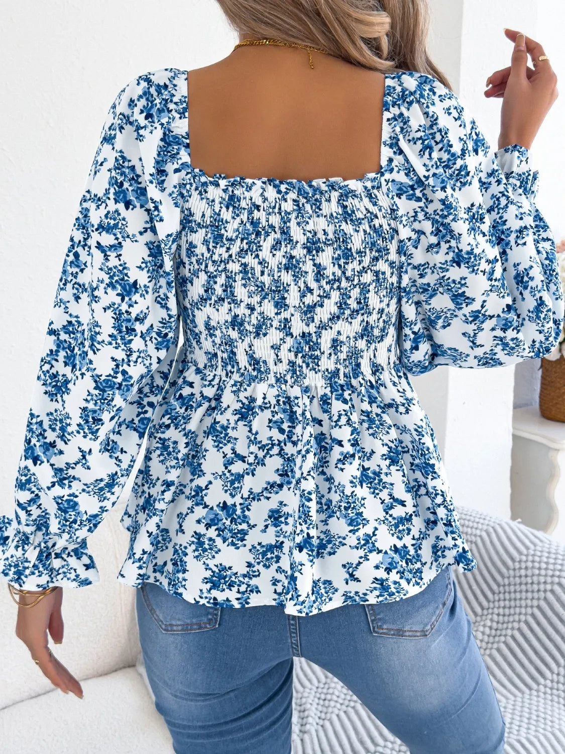 Floral Square Neck Flounce Sleeve Blouse - Velora