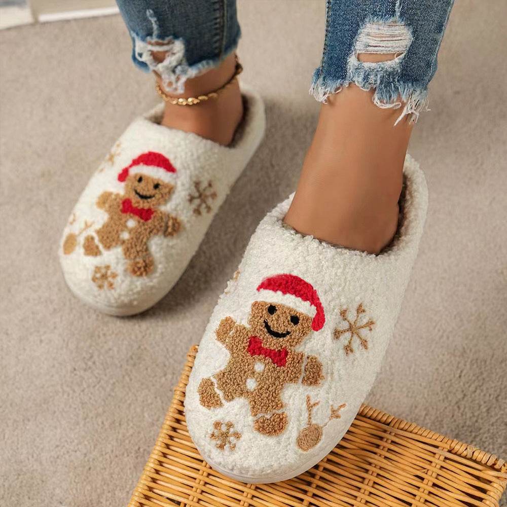 Christmas Snowflake Gingerbread Slippers Winter Indoor Non-slip Floor Bedroom Fuzzy House Shoes For Women Home Slippers - Velora