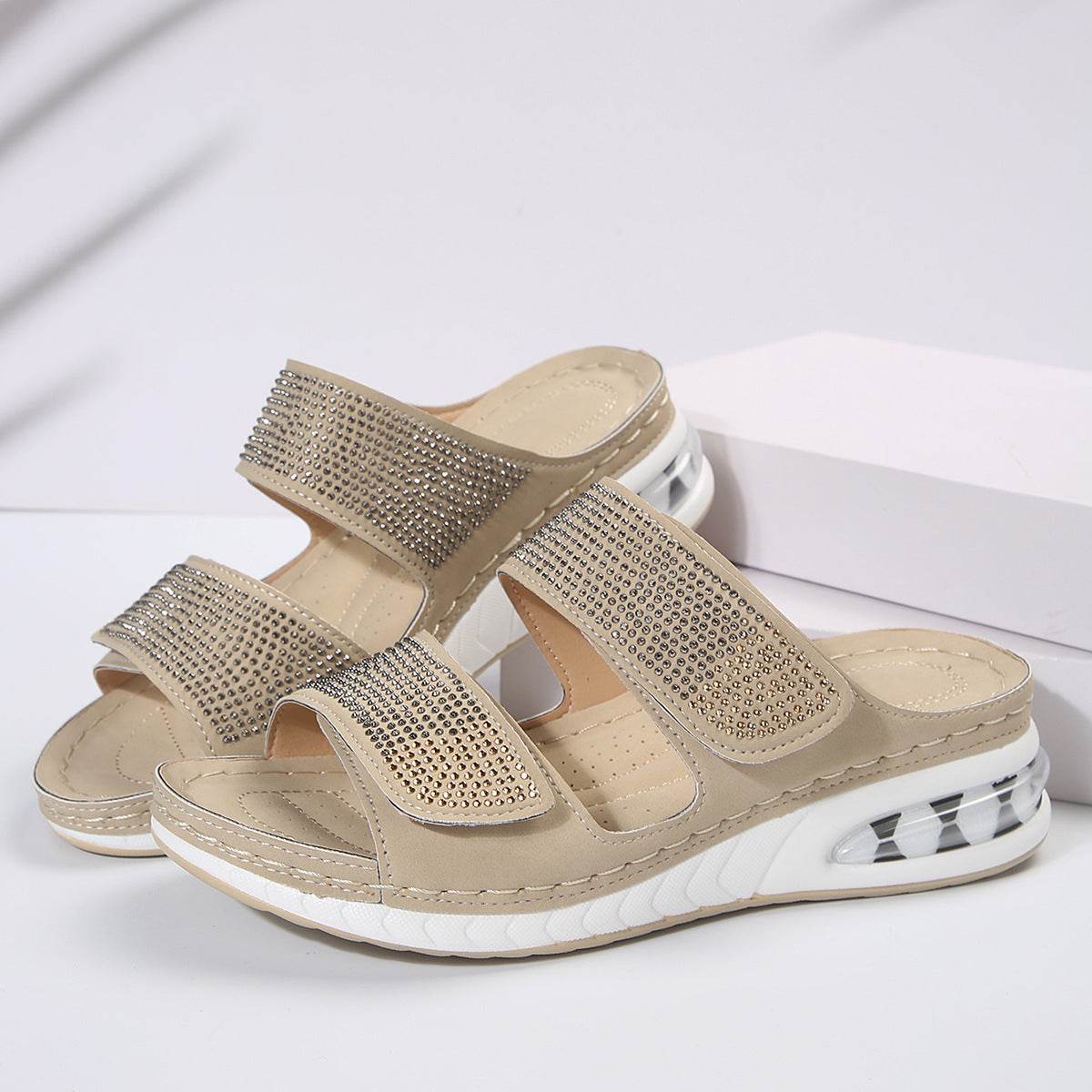 New Air Cushion Wedges Sandals Summer Casual Rhinestone Slides Roman Sandals For Women Non-slip Beach Shoes - Velora
