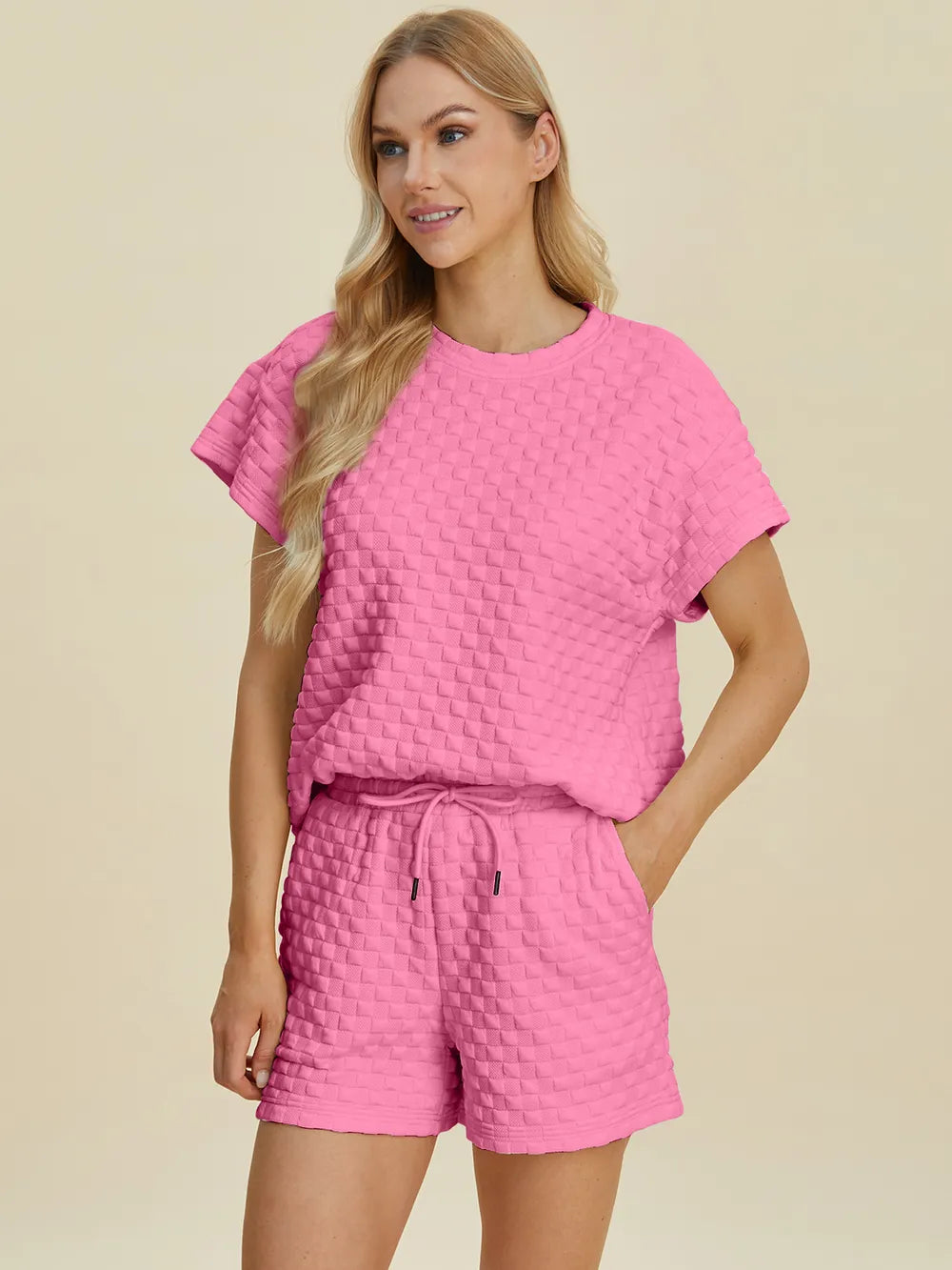 Double Take Full Size Texture T-Shirt and Shorts Set - Velora