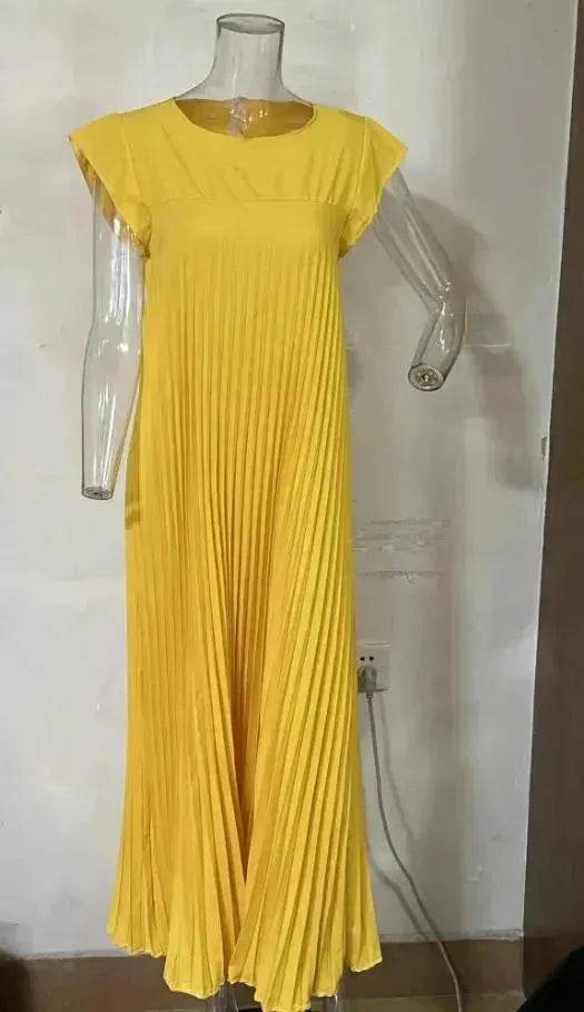 Women Summer Pleated Maxi Dress Casual Short Sleeve Crewneck Flowy Swing Long Dress with Pockets - Velora