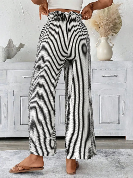 Full Size Striped Wide Leg Paper Bag Pants Plus Size - Velora