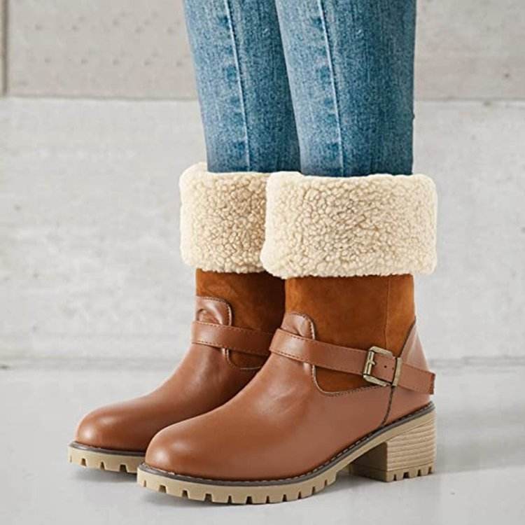 Fashion Boots With Buckle Chunky Heel Shoes Warm Winter Round Toe Western Boots For Women - Velora