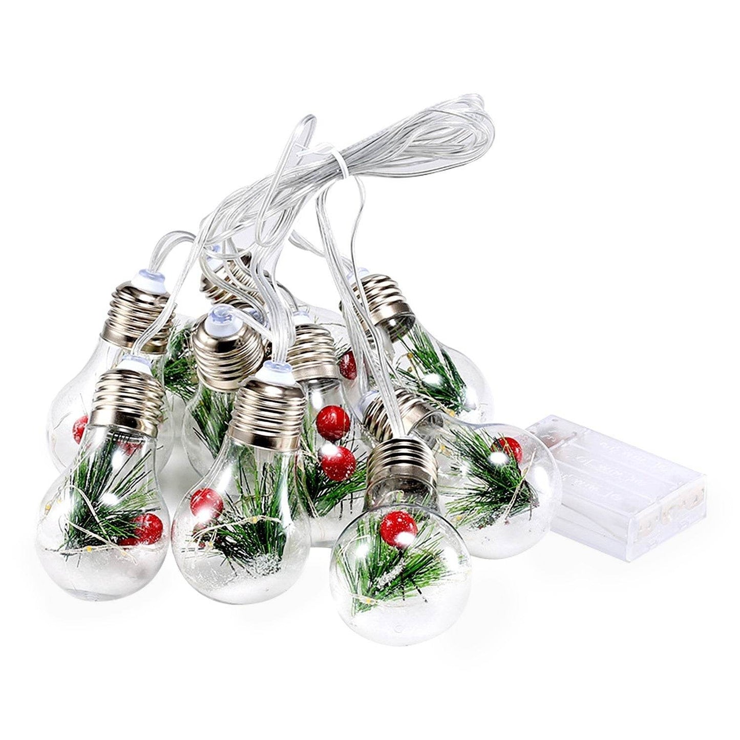 1Pc 13.78FT Christmas Snow Globe String Light Battery Powered 10 LED Bulbs Indoor Christmas Lights With Pine Needles Snowflakes Berries - Velora