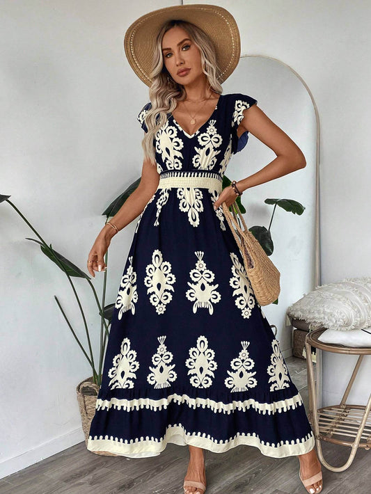 Trim Cap Sleeve Cinched Waist Ruffle Hem A-Line Dress - Velora