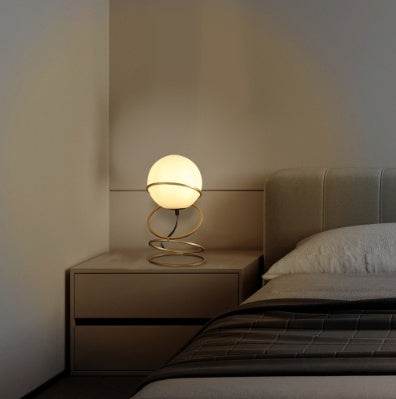 13.5 H Glass Globe Matte Gold Spiral 4 Ring Metal Stand Table Lamp For Living Room, Nightstand Bedside Table Lamp For Bedroom, LED Lamp - Velora