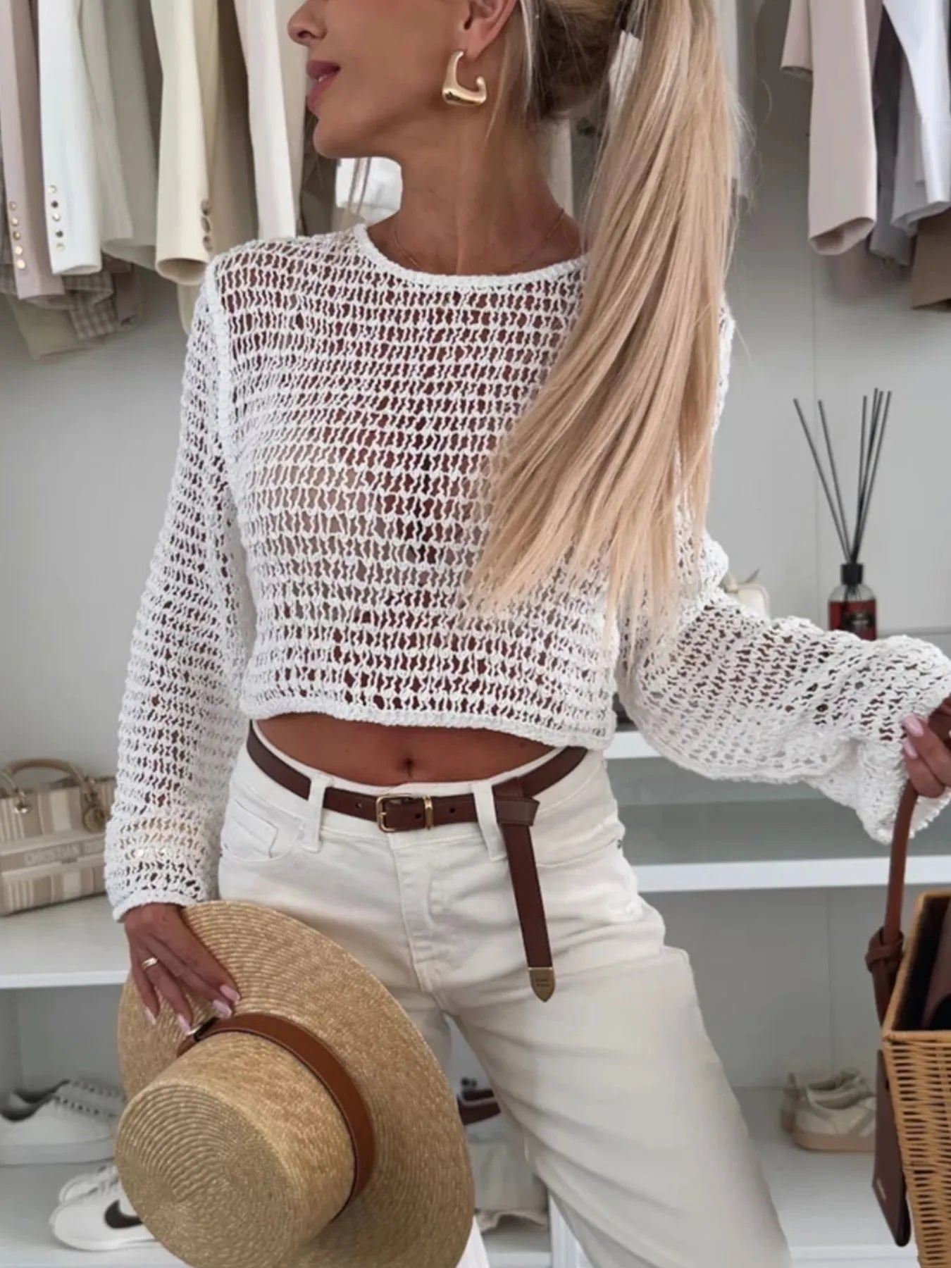 Openwork Round Neck Knit Cover Up - Velora