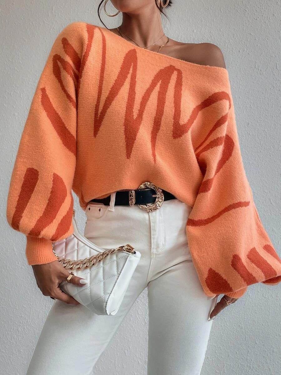 New Lantern-sleeved Pullover Sweater Fashion Line Printed Loose Tops Women's Clothing - Velora