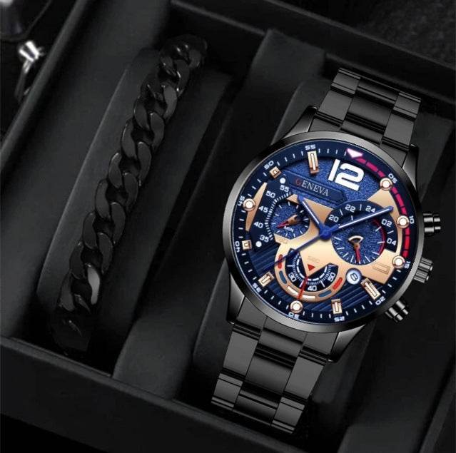 2pcs Men's New Popular Steel Strip Fashion Business Three Eye Quartz Watch Bracelet Set Valentine's Day Gifts - Velora