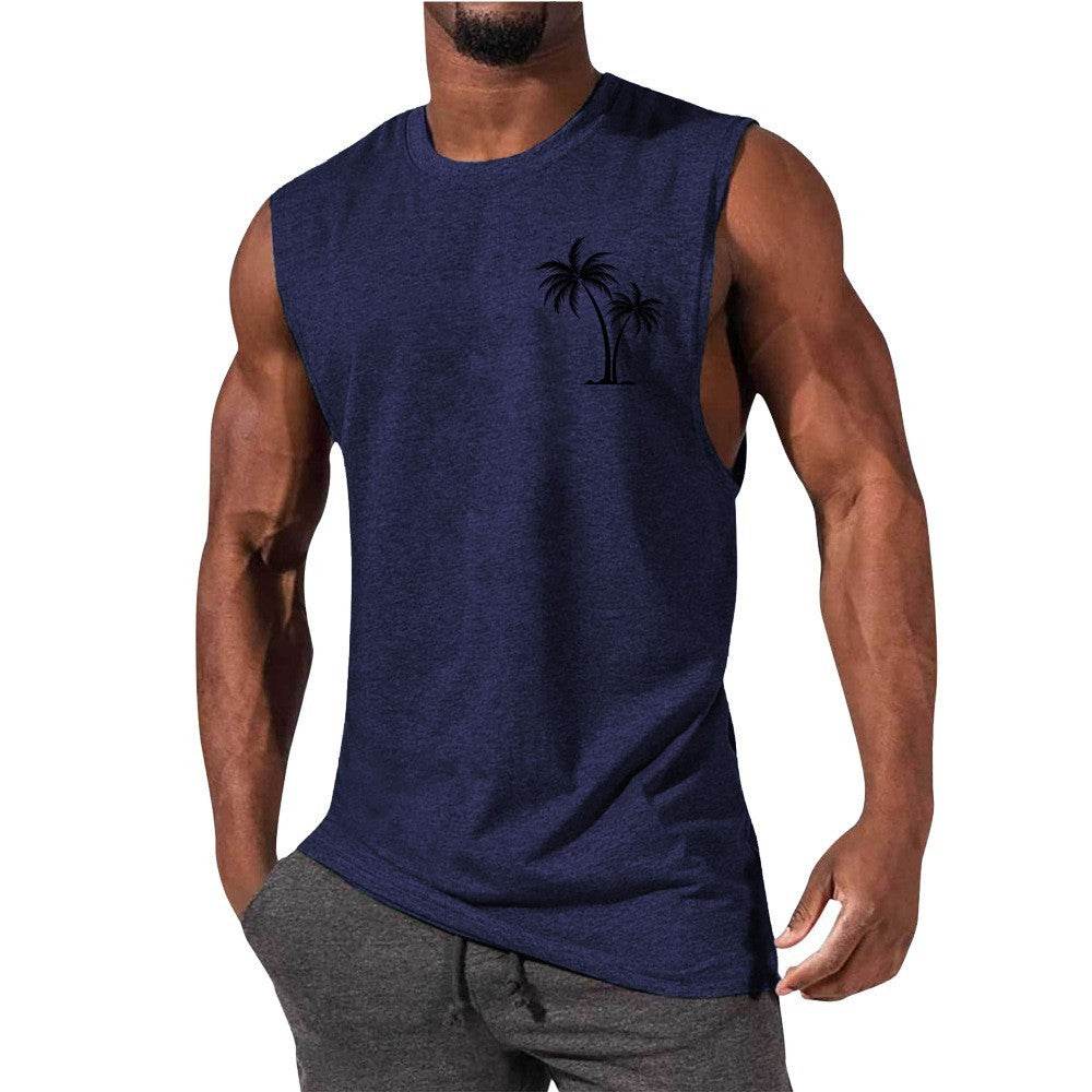 Coconut Tree Embroidery Vest Summer Beach Tank Tops Workout Muscle Men Sports Fitness T-shirt - Velora