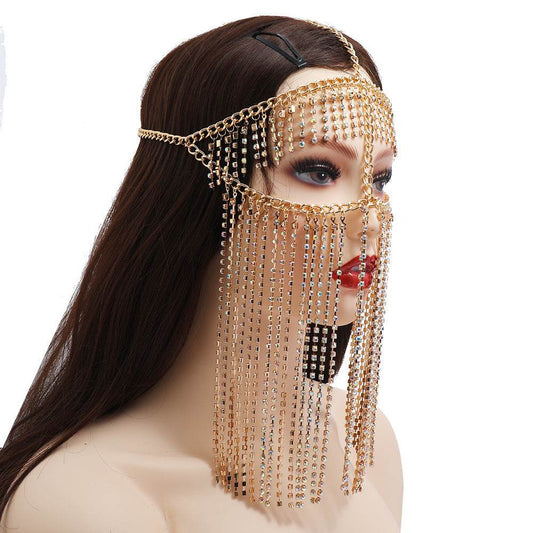 Punk Rhinestone Tassel Fringed Face Mask Head Chains - Velora