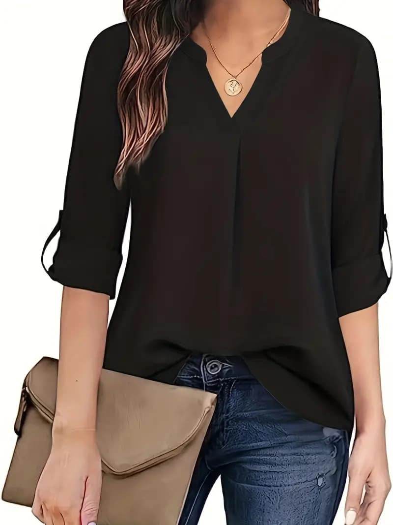 Solid Color Simple Blouse, Casual V-neck Long Sleeves - Velora