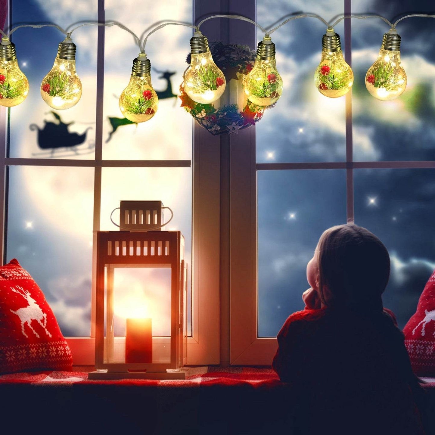 1Pc 13.78FT Christmas Snow Globe String Light Battery Powered 10 LED Bulbs Indoor Christmas Lights With Pine Needles Snowflakes Berries - Velora
