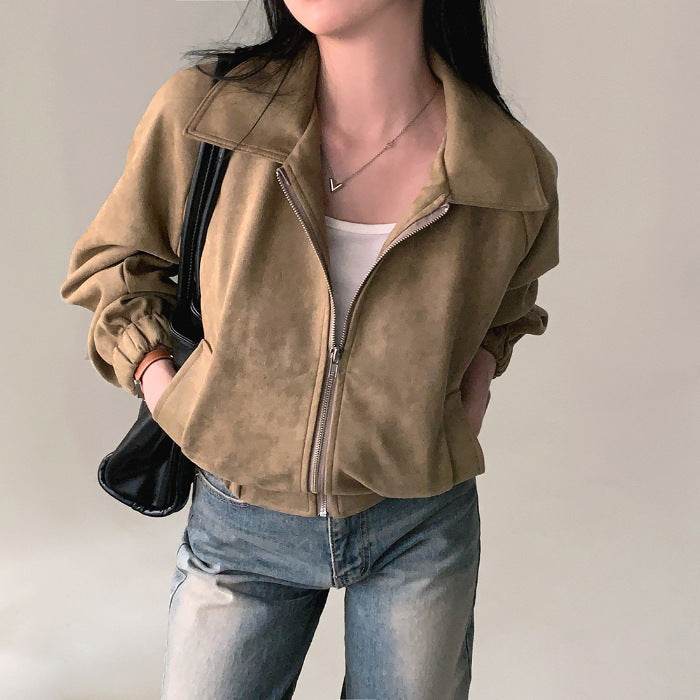 French Vintage Lapel Zip-up Suede Feeling Loose With Long Sleeves Short - Velora