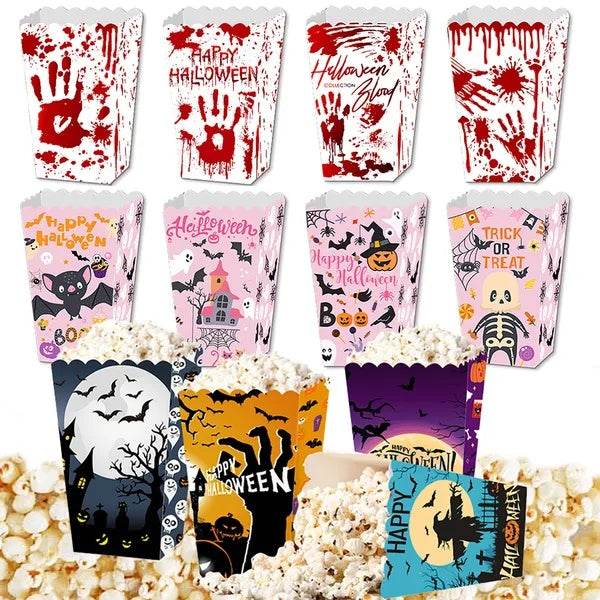 12Pcs Halloween Popcorn Box 3 Designs Spooky Halloween Trick Or Treat Boxes Bloody Theme Party Favor Snack Boxes Candy Cookie Container Paper Boxes For Halloween Holiday Party Supply - Velora
