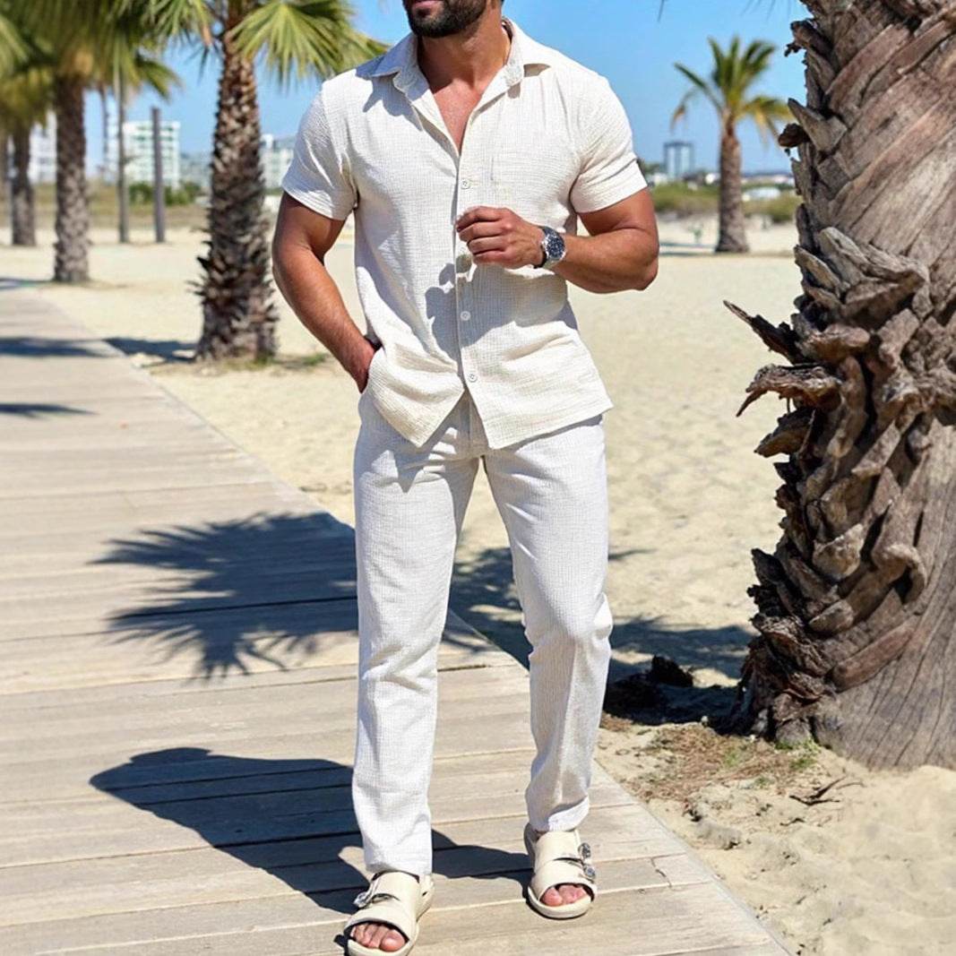 Polo Collar Solid Color Short Sleeve Button Trousers Men's Casual Shirt Outfit - Velora