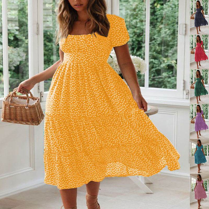 Square Collar Short Sleeve Dress Summer Puff Floral Printed Dress Long Dresses - Velora