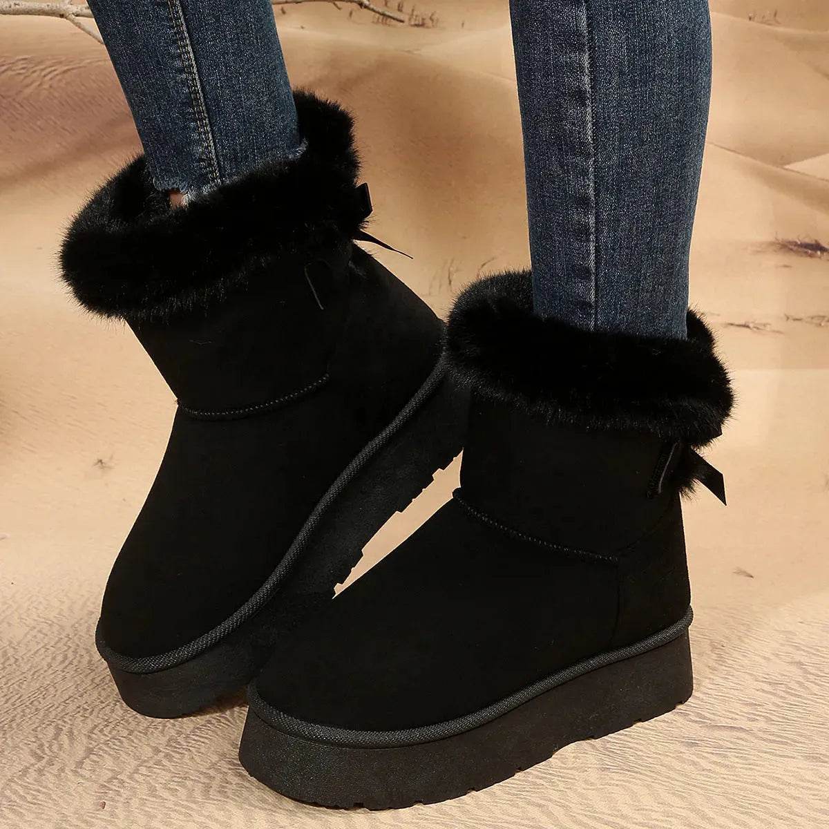 New Bow-knot Snow Boots Winter Plus Velvet Warm Thick-soled Ankle Boots For Women Simple Daily Leisure Cotton Shoes - Velora