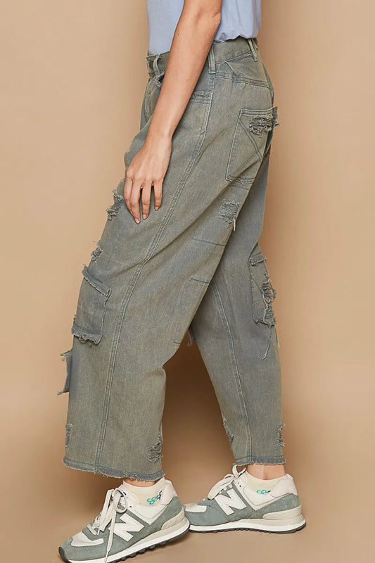 POL Distressed Raw Hem Wide Leg Pants - Velora