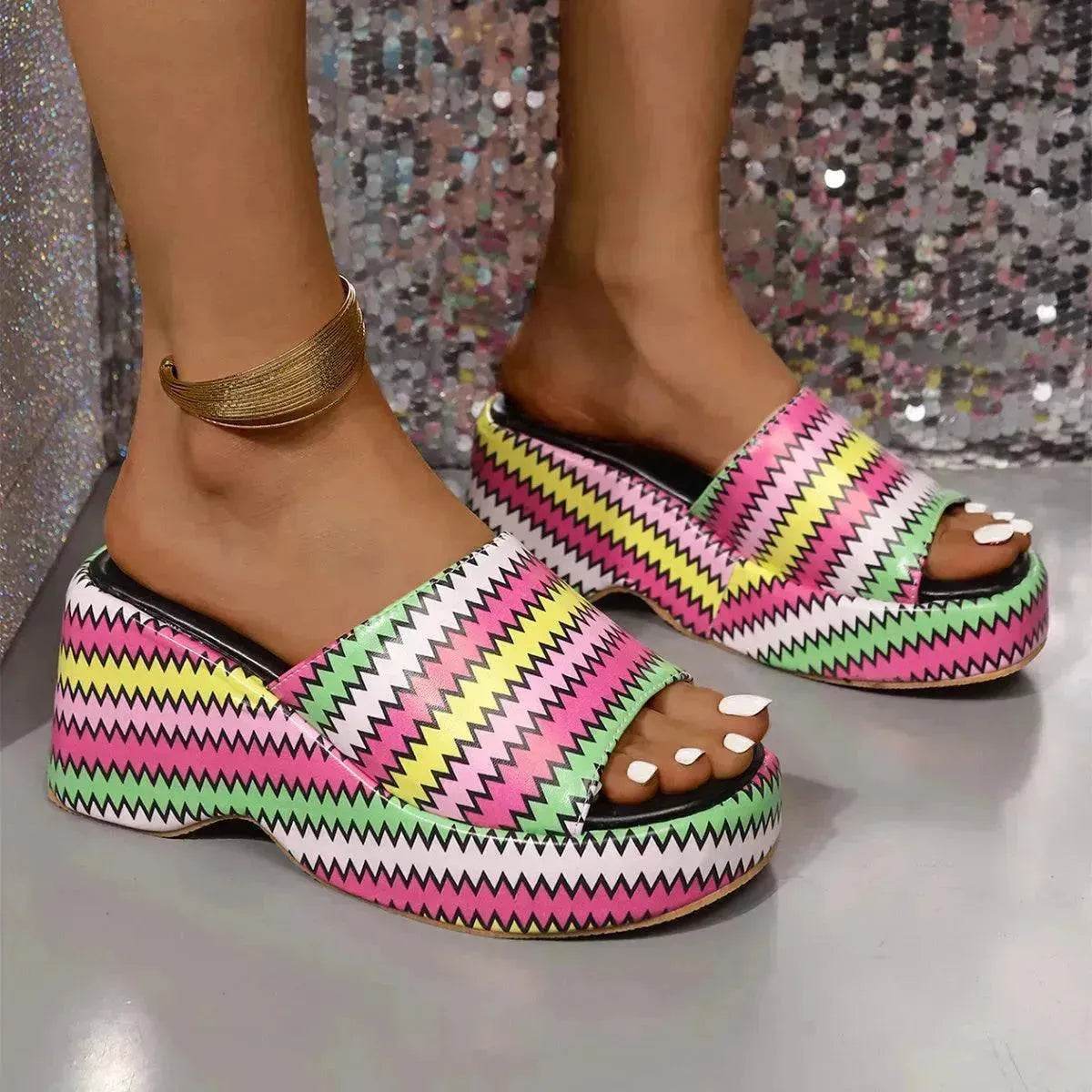 Casual Summer Fashionable Colorful Wave Print Thick Wedge Heel Women Slippers - Velora