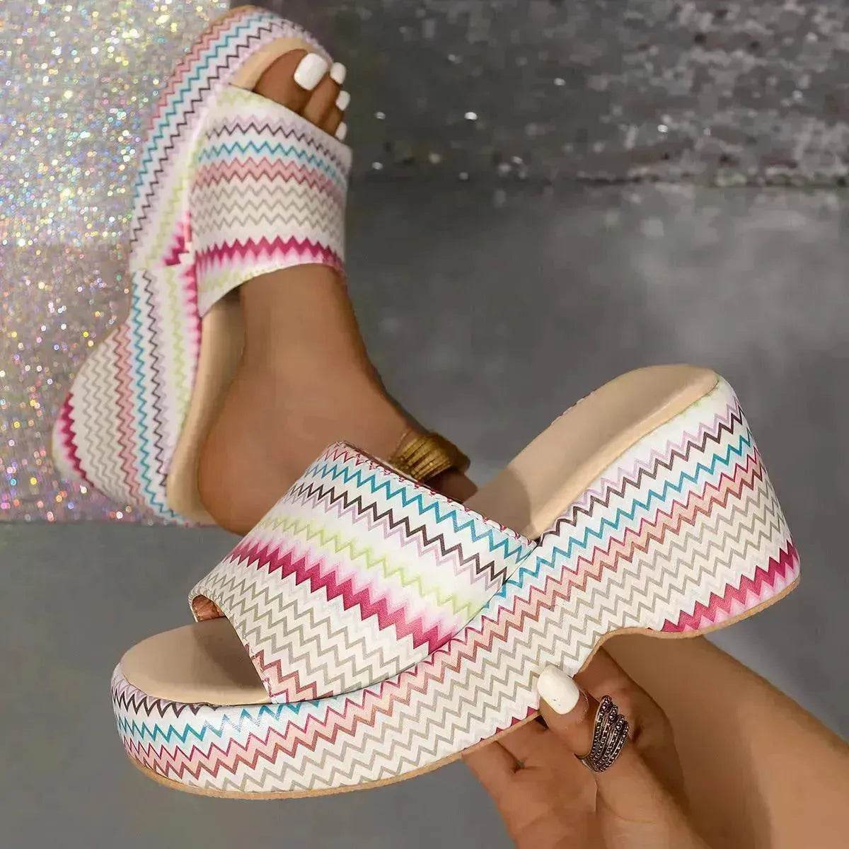 Casual Summer Fashionable Colorful Wave Print Thick Wedge Heel Women Slippers - Velora