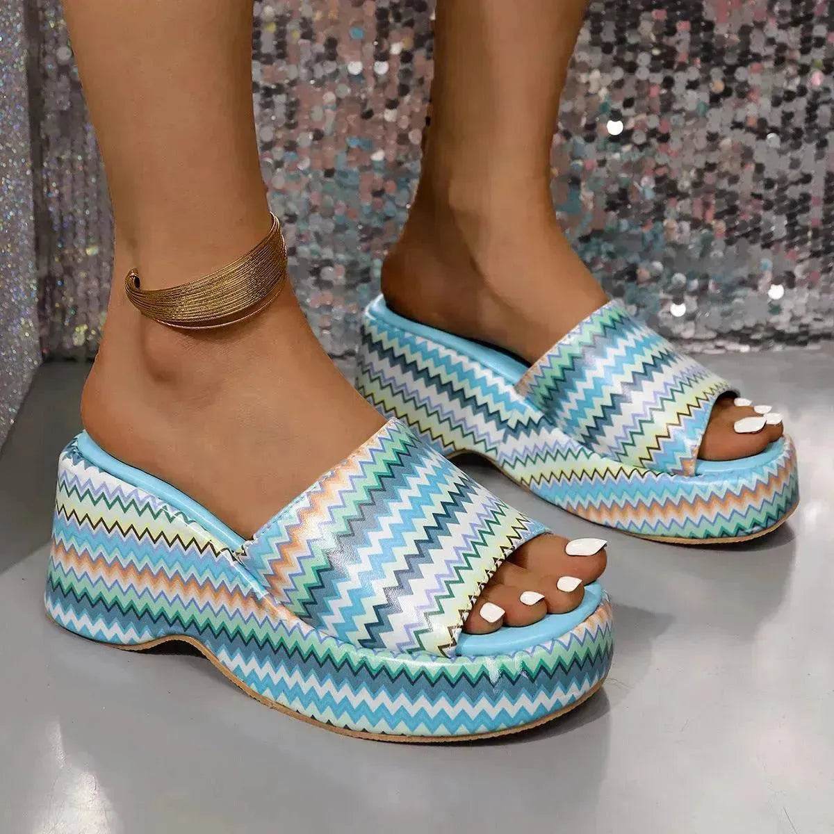 Casual Summer Fashionable Colorful Wave Print Thick Wedge Heel Women Slippers - Velora