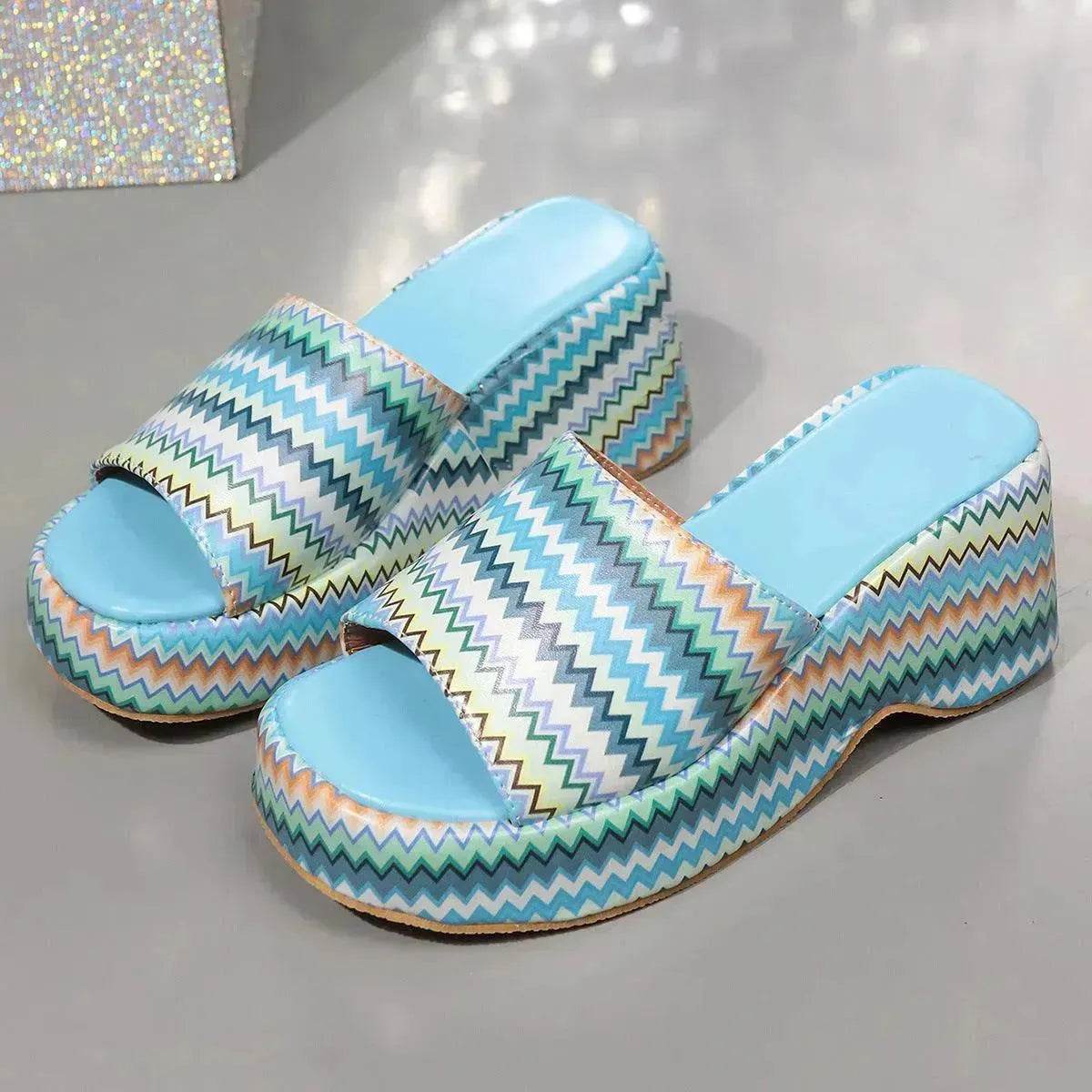 Casual Summer Fashionable Colorful Wave Print Thick Wedge Heel Women Slippers - Velora