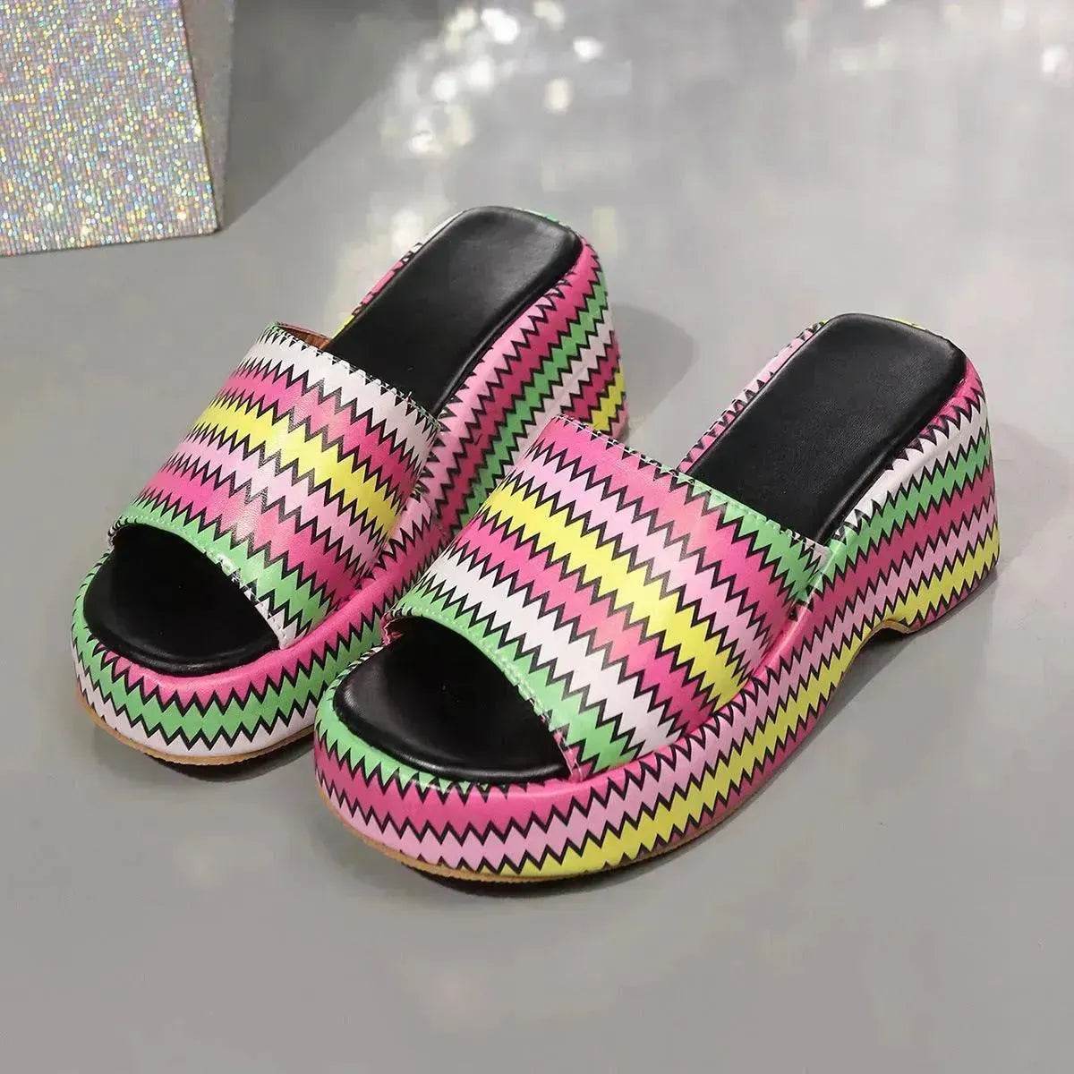 Casual Summer Fashionable Colorful Wave Print Thick Wedge Heel Women Slippers - Velora